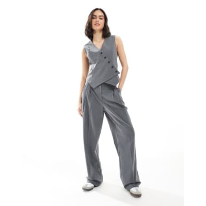 Vero Moda asymmetric vest and slouchy pleat front pants set in dark gray melange