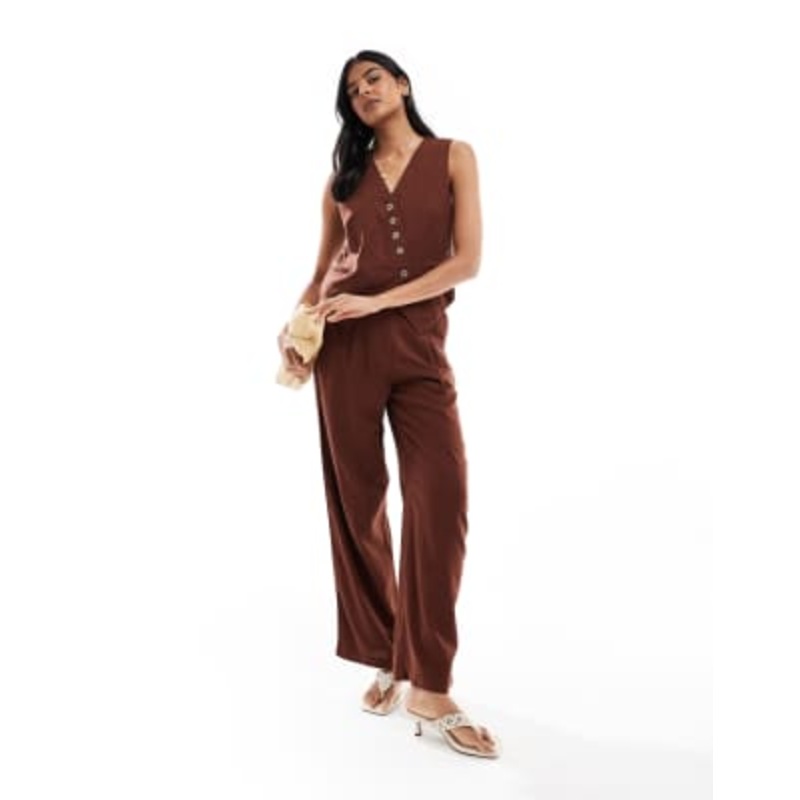 Vero Moda linen touch asymmetric button front vest and pleat front wide leg pants set in chocolate