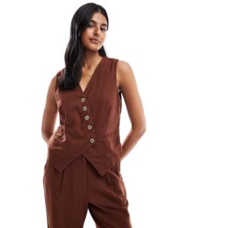Vero Moda linen touch asymmetric button front vest in chocolate – part of a set