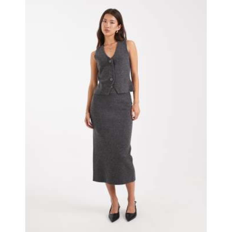 Vero Moda soft knit vest and midi skirt set in gray melange