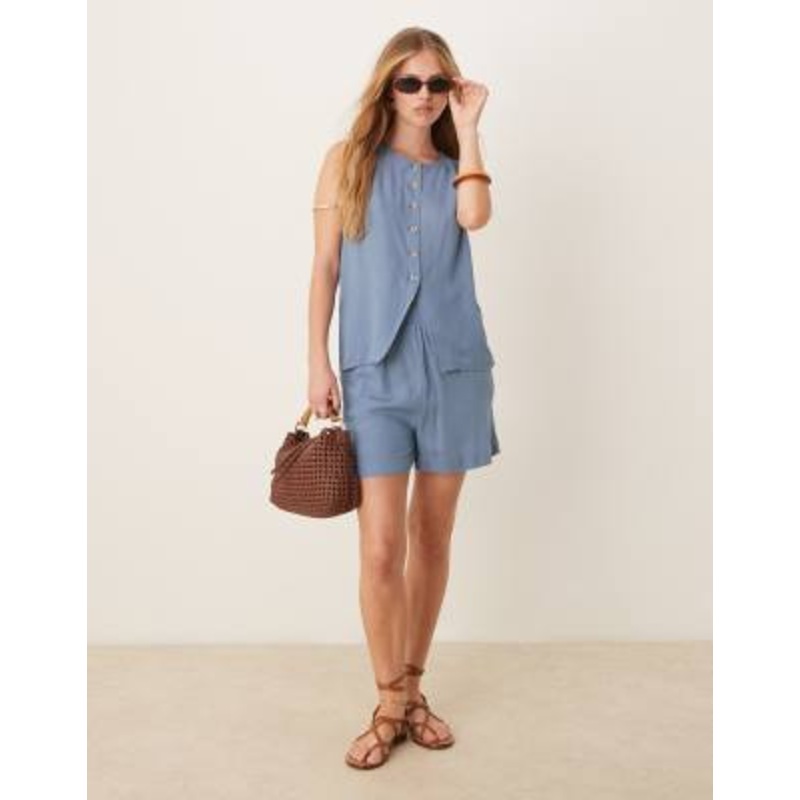 VILA button front vest and shorts set in chambray blue