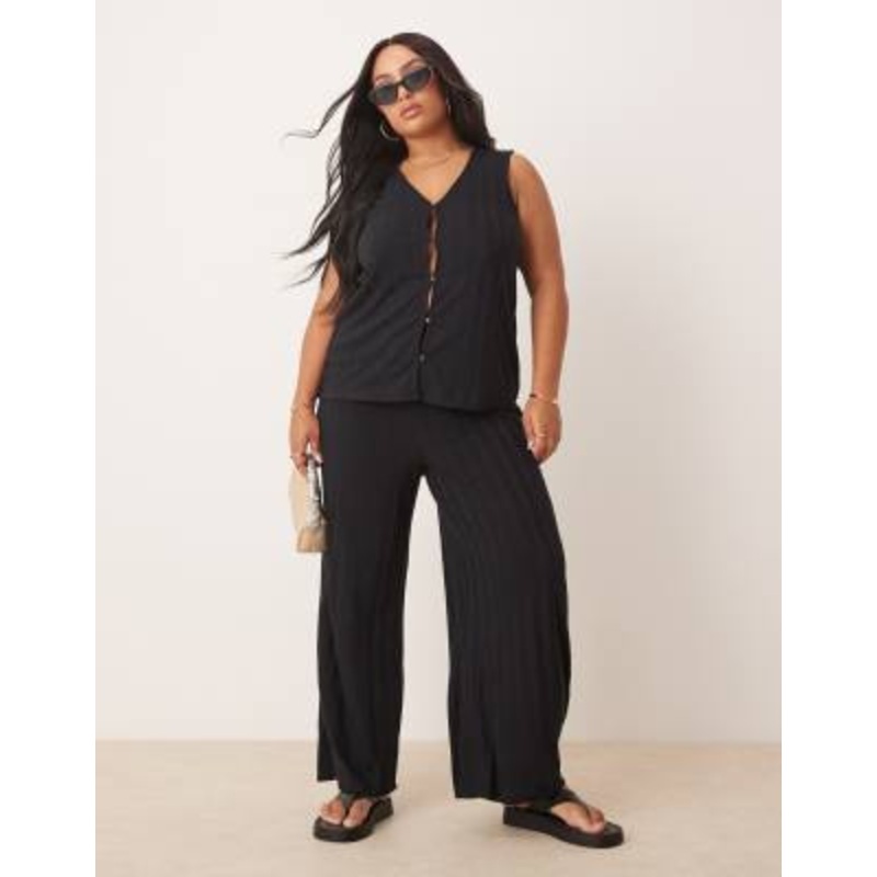 Vila Curve lightweight rib knit sleeveless vest and wide leg pants set in black