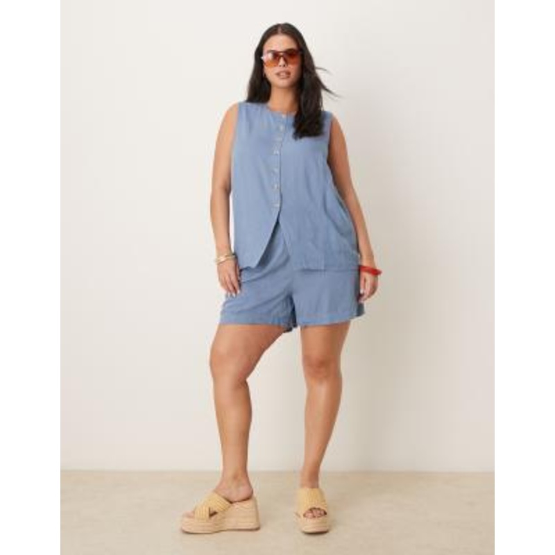 Vila Curve vest and shorts set in chambray blue