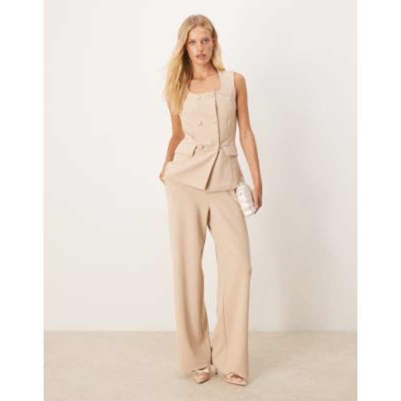 VILA double breasted square neck vest and high waist tailored pants set in stone