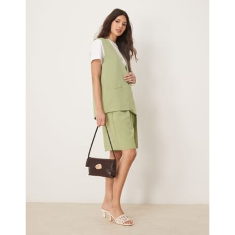 Vila longline tailored vest and longline shorts set in sage green