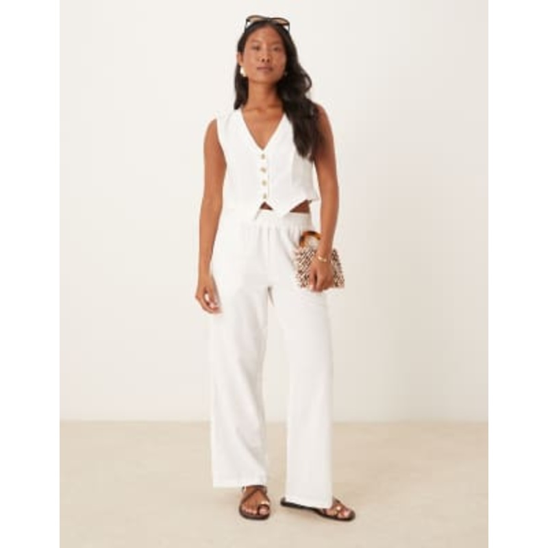VILA Petite linen touch cropped vest and wide leg pants set in white