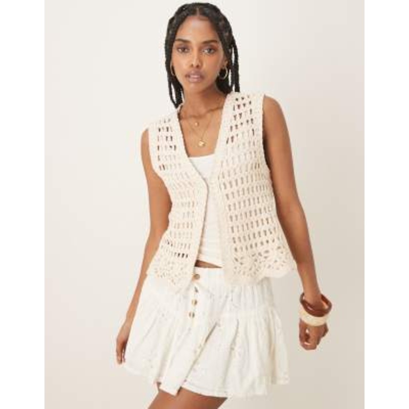 VILA premium floral hem crochet detail vest in birch cream