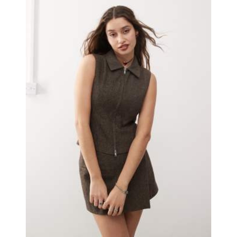 Weekday Karin zip up vest in brown herringbone – part of a set