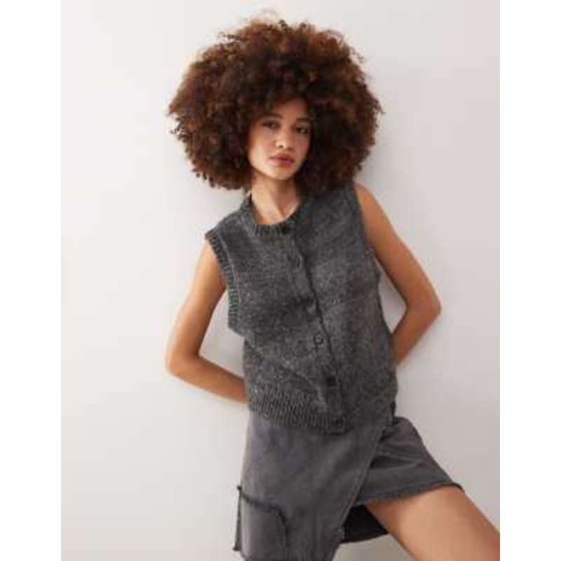 Weekday Peggy knitted button down vest in dark gray melange