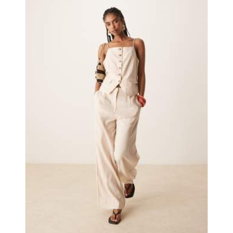YAS linen touch vest and tailored pants set in heathered cream
