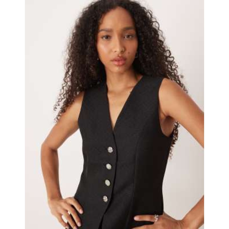 YAS textured vest with ornate buttons in black