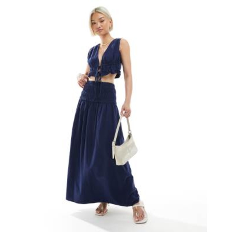 4th & Reckless linen-look vest and dropped waist maxi skirt set in navy