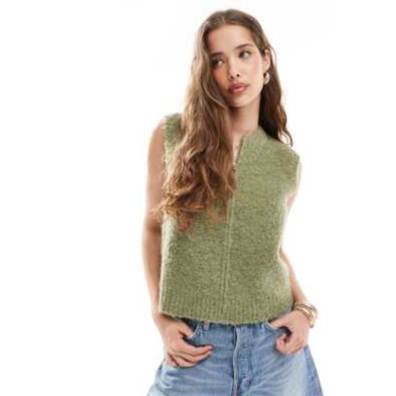 Daisy Street zip up boucle crew neck vest in olive