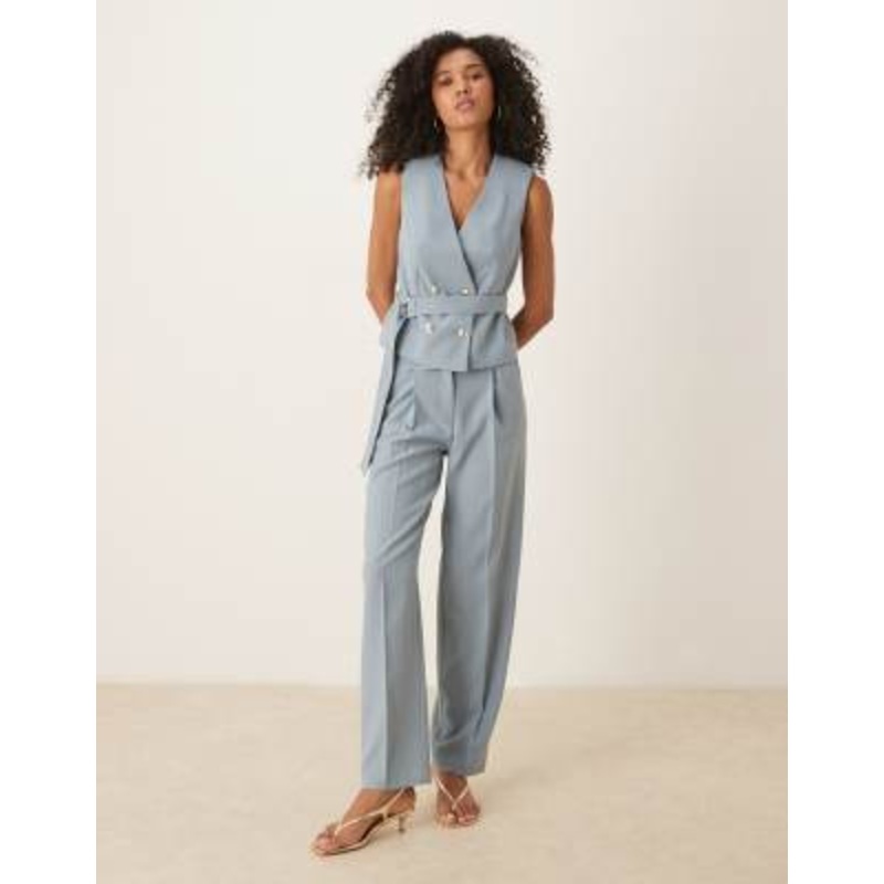 DESIGN belted vest & straight leg pants set in blue
