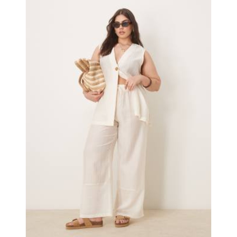DESIGN Curve sheer textured longline casual vest and pants set in cream