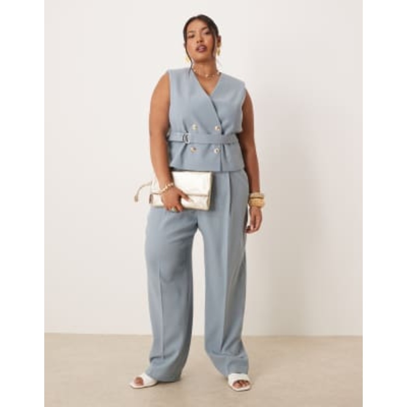 DESIGN Curve tailored linen look pants & vest set with gold buttons in blue