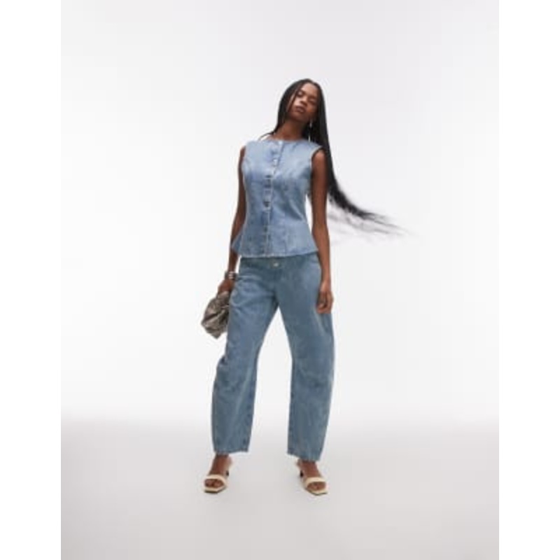 DESIGN denim vest and barrel leg jeans set in floral mid wash blue