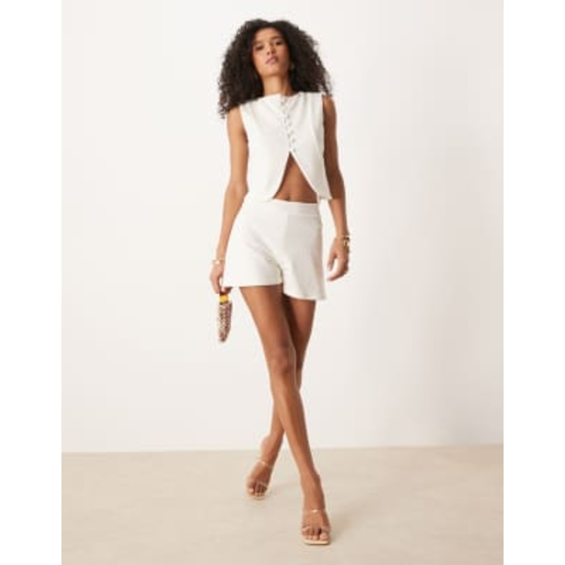 DESIGN linen look boxy vest and shorts set in ivory
