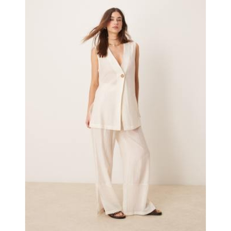 DESIGN sheer textured vest and wide leg pants set in off-white