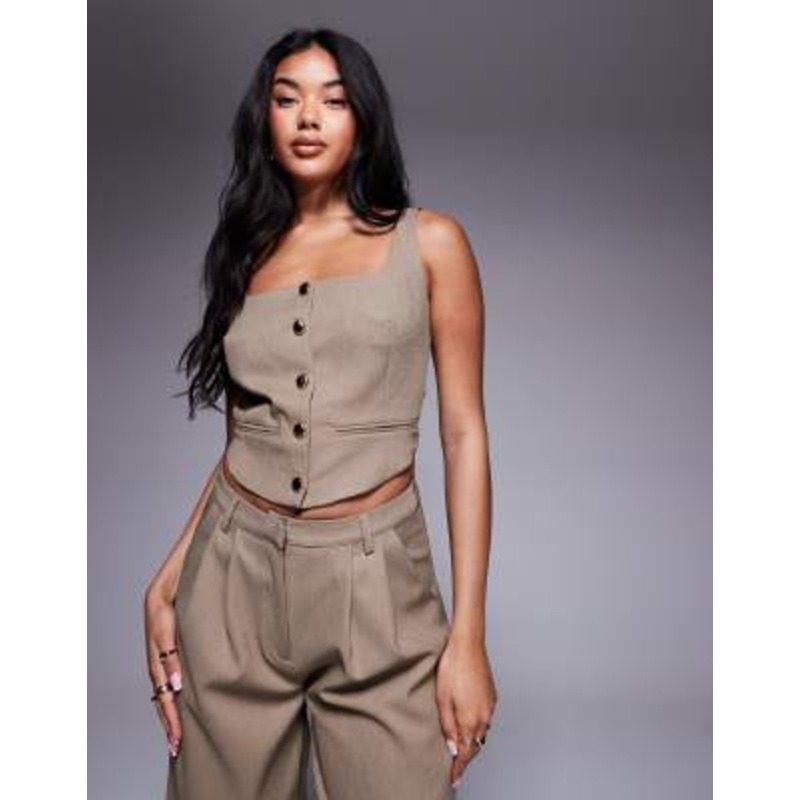 Kaiia Exclusive square neck hammered gold button front vest in washed brown – part of a set