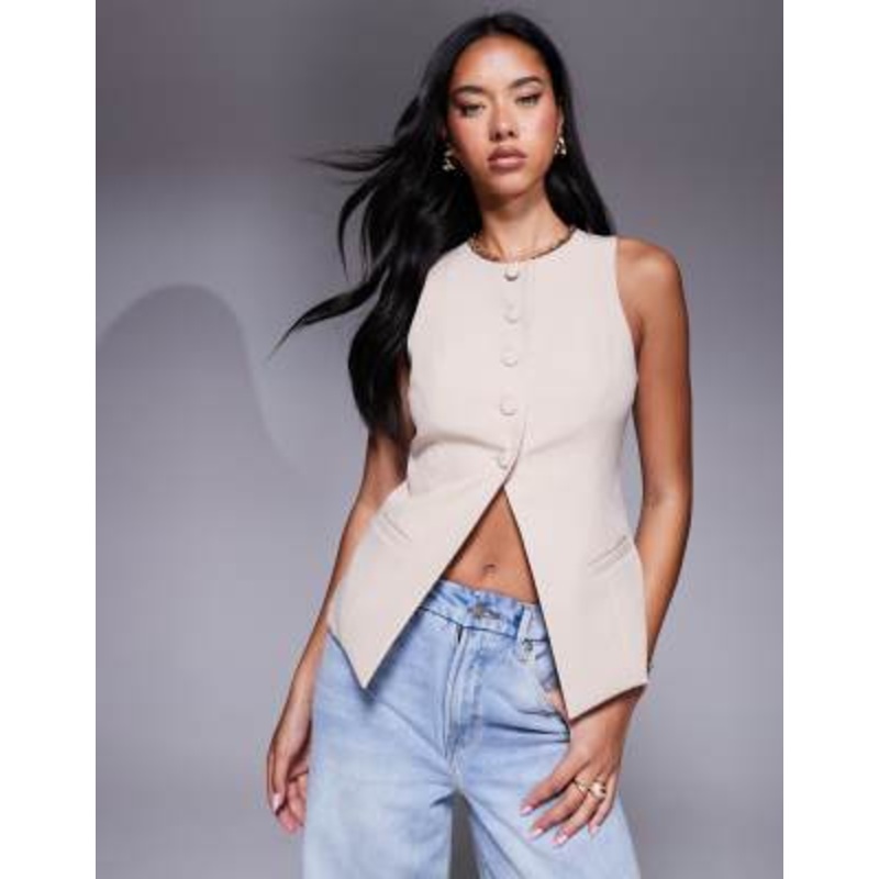 Kaiia exclusive tailored button up slit front vest in cream