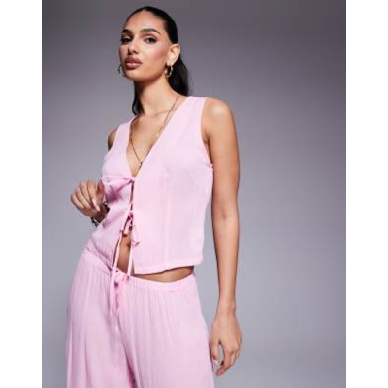 Kaiia exclusive tie front beach vest in pink – part of a set