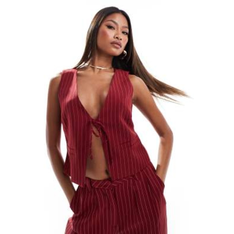 Kaiia exclusive tie front vest in burgundy pinstripes – part of a set