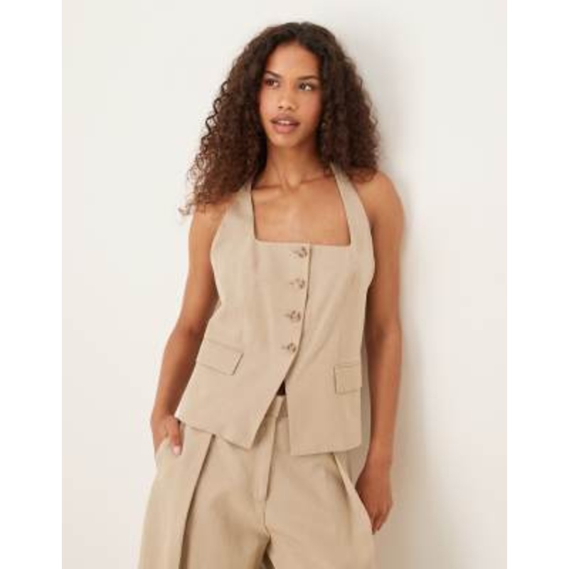 Mango cotton mix tailored halter vest in stone – part of a set