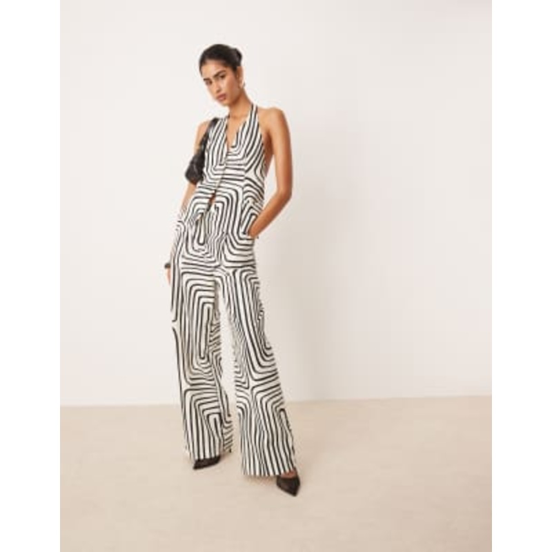 Mango geometric print tailored vest and wide leg pants set in white