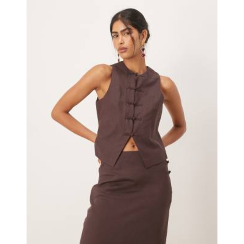 Mango linen blend round neck vest in chocolate – part of a set