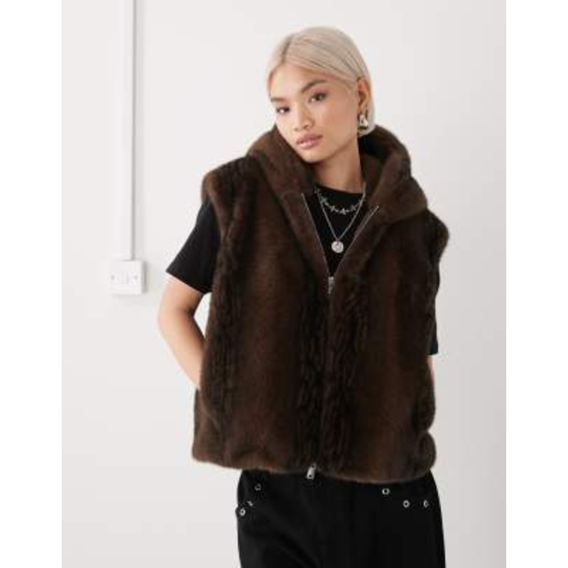 Monki faux fur vest with hood in chcolate brown