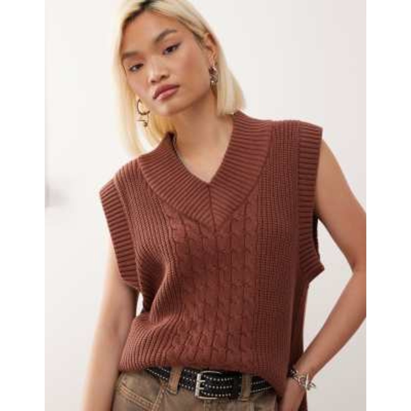 Monki knit varsity sweater vest in chocolate brown