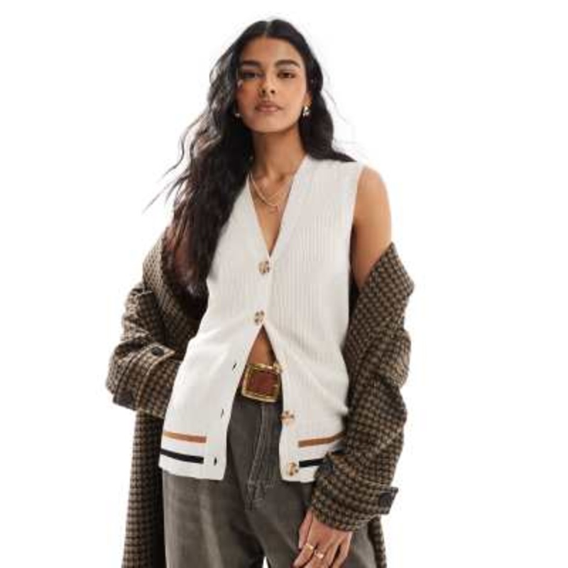 Object intarsia knit longline vest in oatmeal