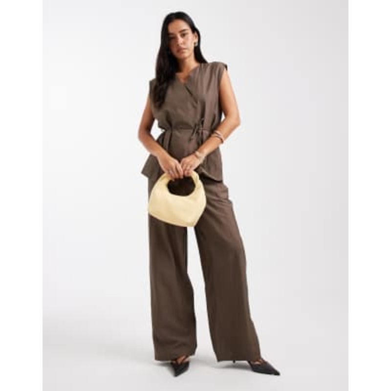 Object tailored tie waist vest and wide leg pants set in morel brown