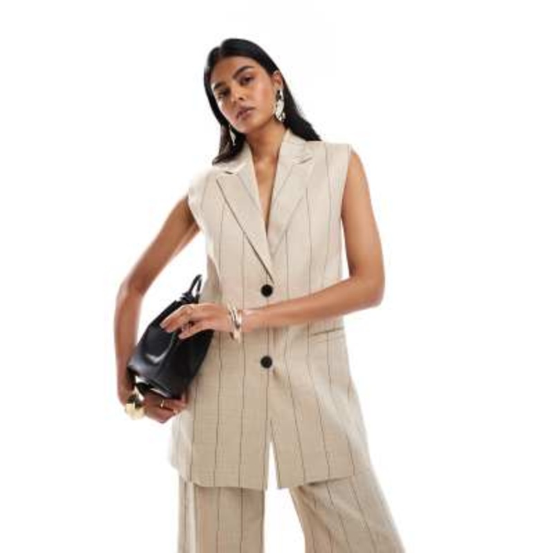 & Other Stories linen longline vest in beige with black pinstripes