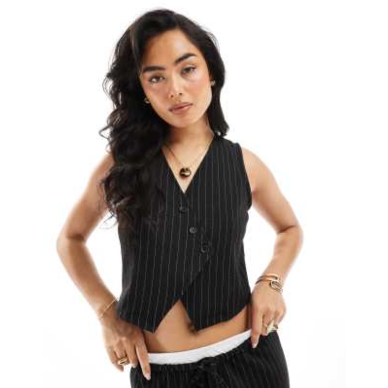 Pieces tailored asymmetric placket detail vest in black pinstripe – part of a set