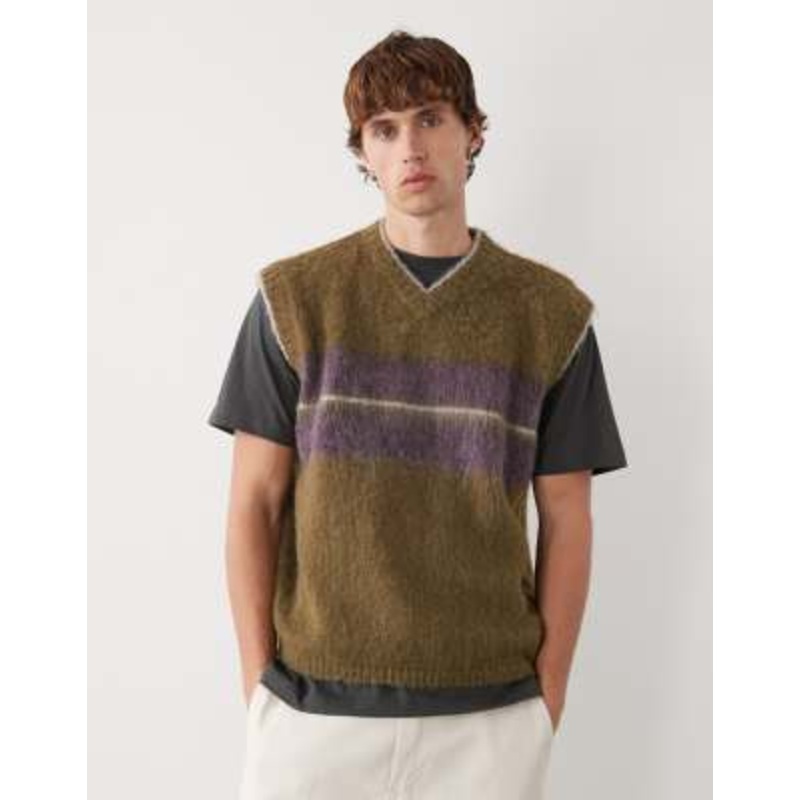 Reclaimed Vintage boxy knit v-neck vest with striped chest panel in green