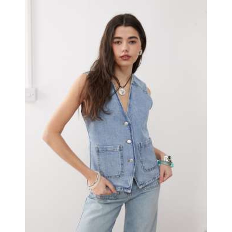 Reclaimed Vintage denim 70s vest with patch pockets in blue wash – part of a set