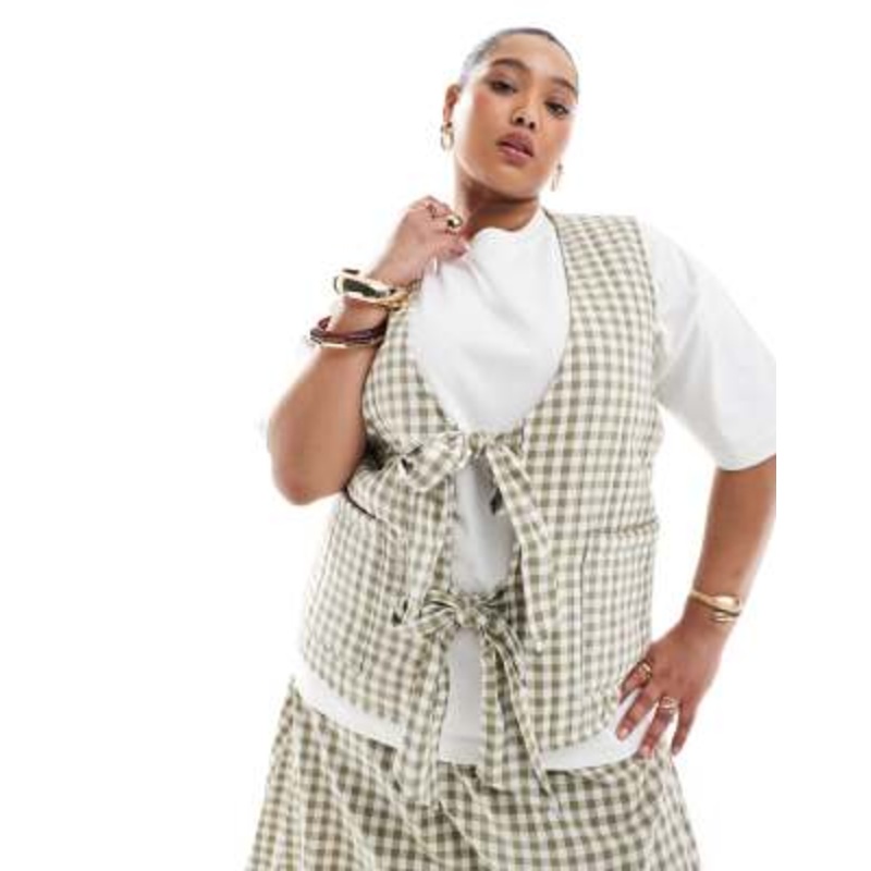 Renee Studio Plus exclusive reversible tie front vest in gingham & picnic print – part of a set