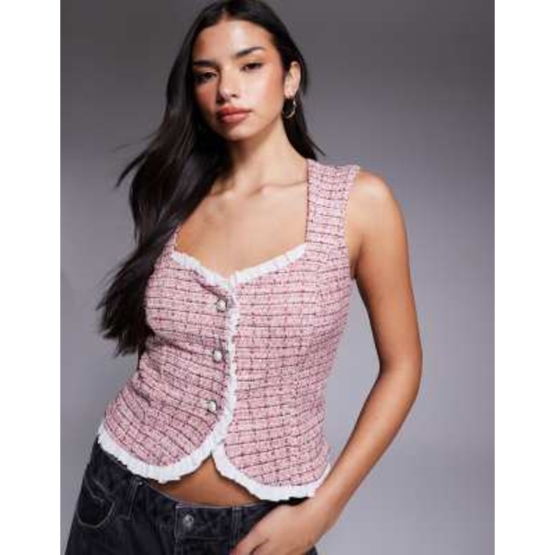 River Island boucle ruffle neck vest in light pink