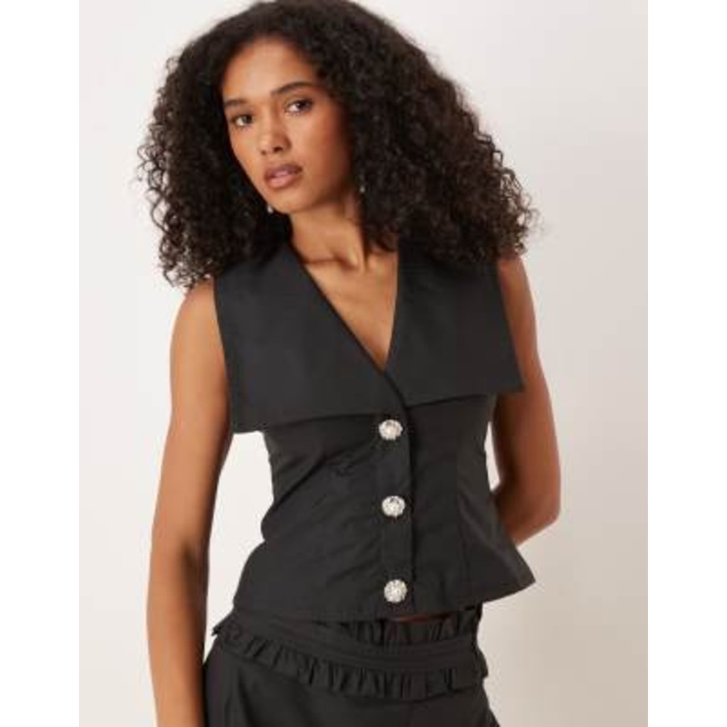 Sister Jane open collar rhinestone vest in black – part of a set