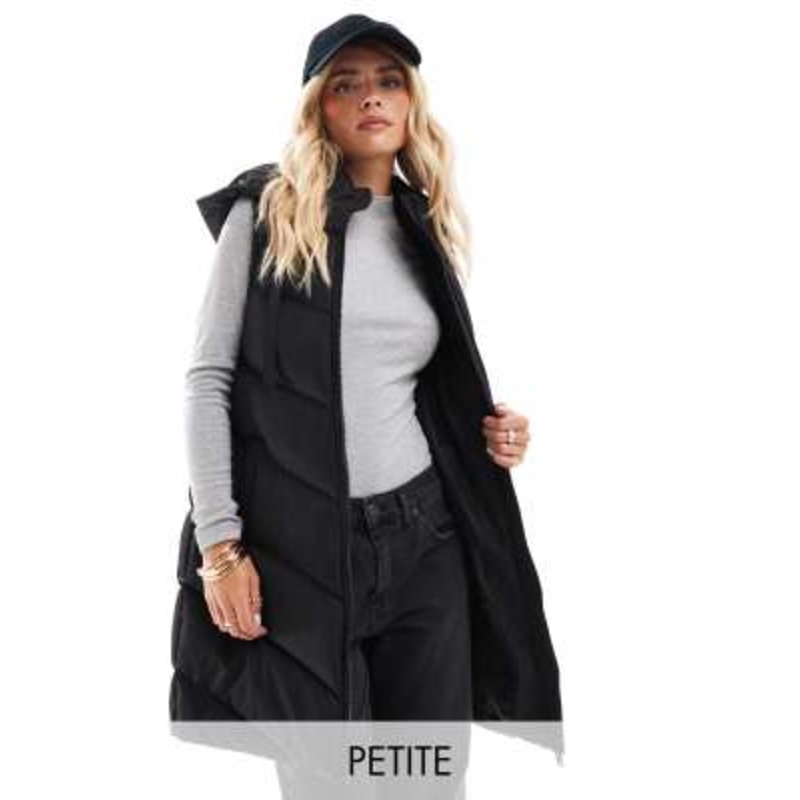 Threadbare Petite longline padded vest with hood in black