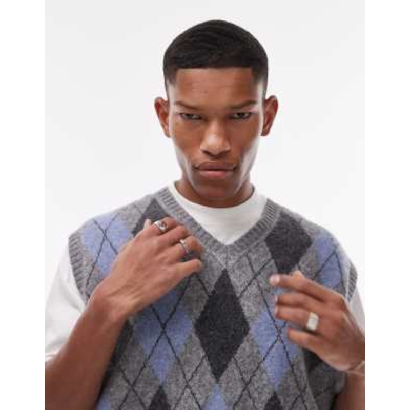 Topman knitted vest in gray & blue argyle