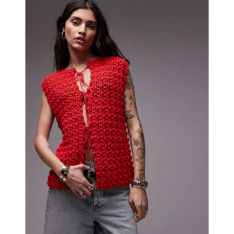 Topshop premium hand knit tie front vest in red