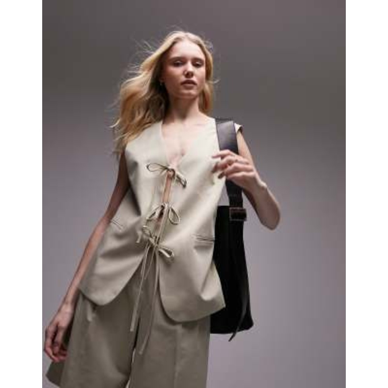 Topshop tailored tie front vest in sand – part of a set