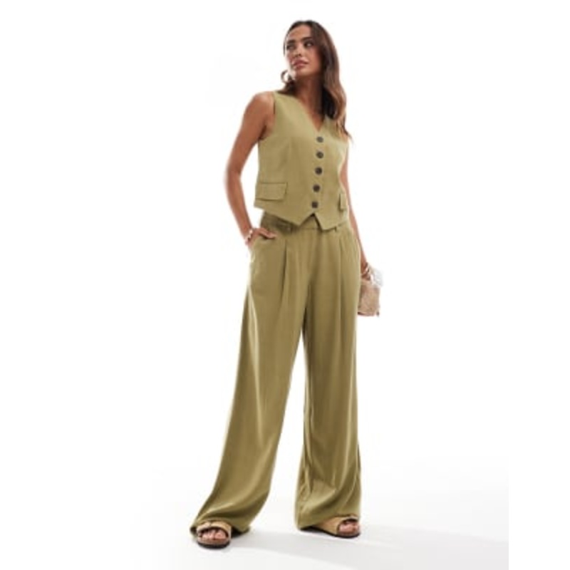 Vero Moda linen touch vest and pleat front pants set in olive