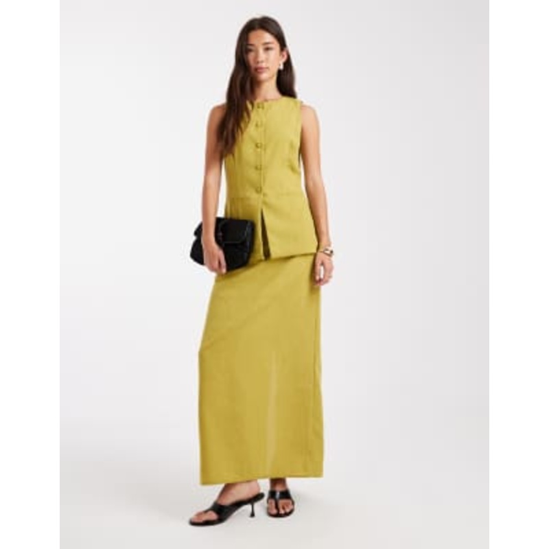 Vero Moda tailored vest and skirt set in chartreuse