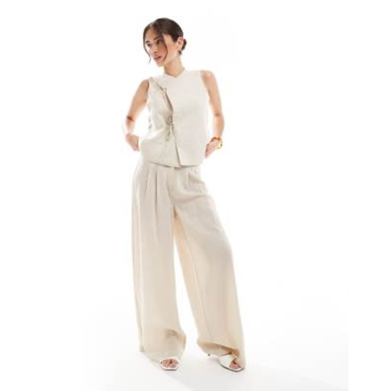 Vero Moda vest with tie front detail and wide leg pants set in cream