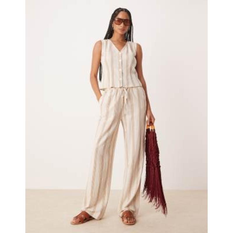Vila mix and match linen touch vest, shorts and pants set in cream & tan stripes