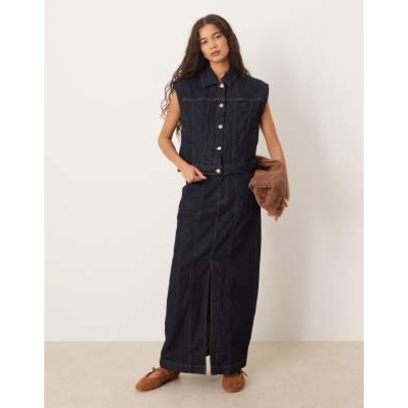 Vila seam detailing denim vest and maxi skirt set in dark indigo rinse